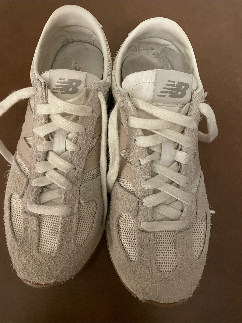 New Balance Womens Beige and White Suede Mesh Sneakers